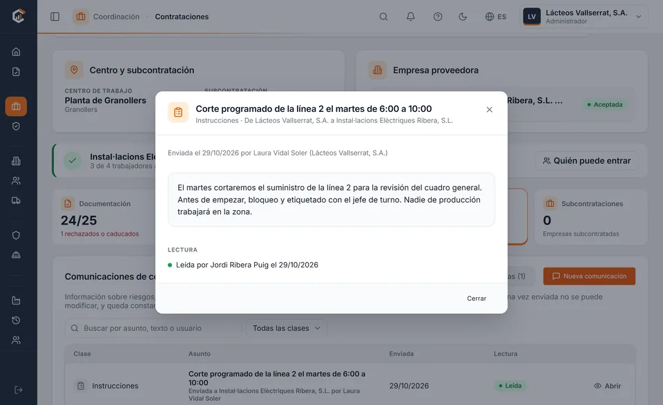 A coordination message in Coorvia: instructions from the hiring company to the contractor, with each recipient’s read receipt.