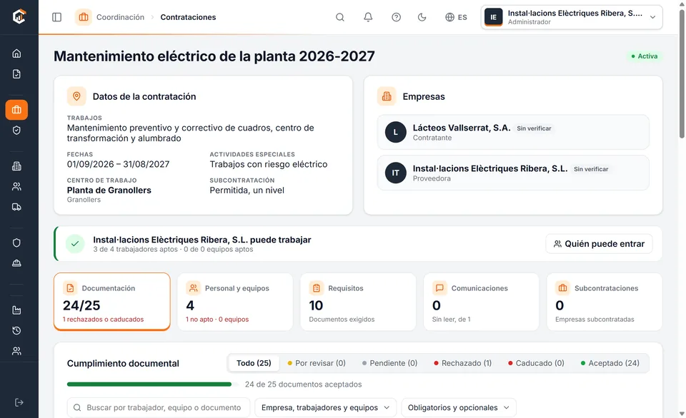 A contract seen by the contractor in Coorvia: job details, companies, who can work and a summary of the documents.