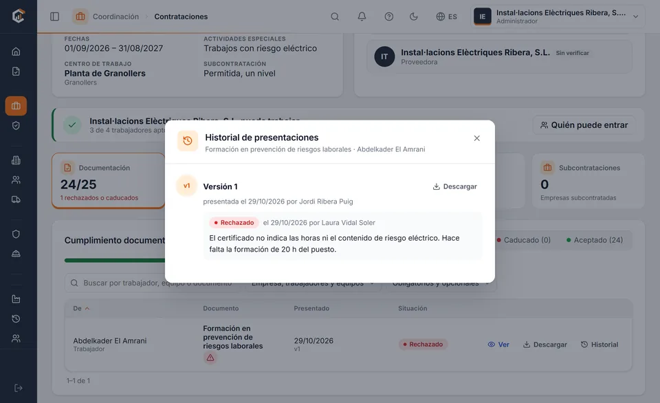 History of a rejected document in Coorvia, with the reason written by the hiring company.